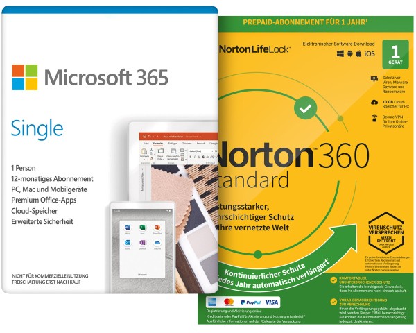 Microsoft Office 365 Single - 1 User / 1 Jahr + Norton 360 Standard 1 Gerät / 1 Jahr mit Abo - ESD