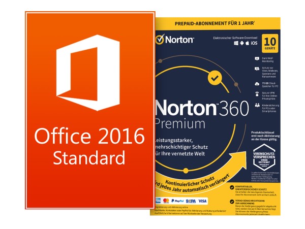 Office Standard 2016 + Norton 360 Premium 10 Geräte 1 Jahr mit Abo - Download