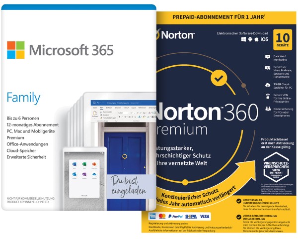 Microsoft Office 365 Family - 6 User / 1 Jahr + Norton 360 Premium 10 Geräte / 1 Jahr Abo - ESD