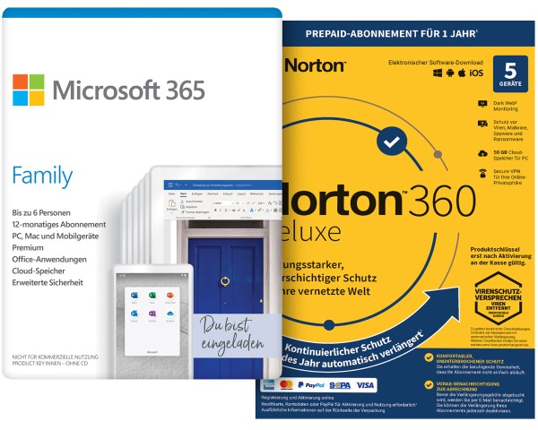 Microsoft Office 365 Family - 6 User / 1 Jahr + Norton 360 Deluxe 5 Geräte / 1 Jahr Abo - ESD