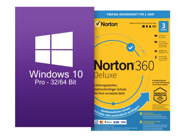 Windows 10 Pro ESD + Norton 360 Deluxe 3 Geräte 1 Jahr mit Abo - Download