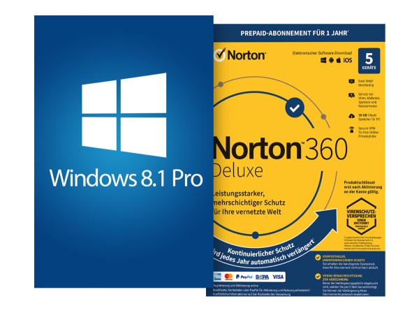 Windows 8.1 Pro ESD + Norton 360 Deluxe 5 Geräte 1 Jahr mit Abo - Download